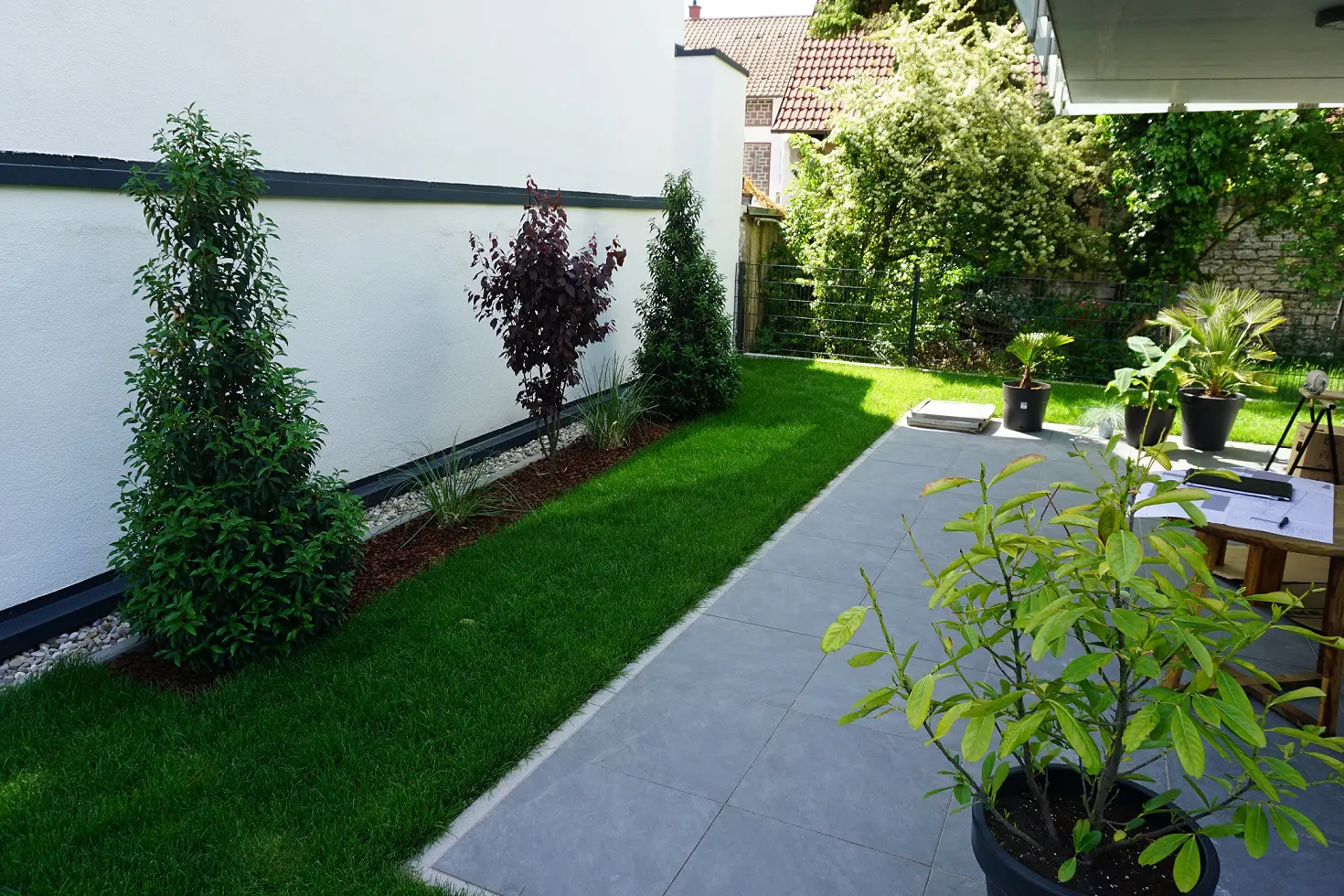 Terrasse grau mit Feinsteinzeugplatte 60x60x2cm in anthrazit (hier in Splitt verlegt optional auch in 1-Korn Beton) umgeben von grünem Rollrasen (Classic Sport) und Bepflanzung