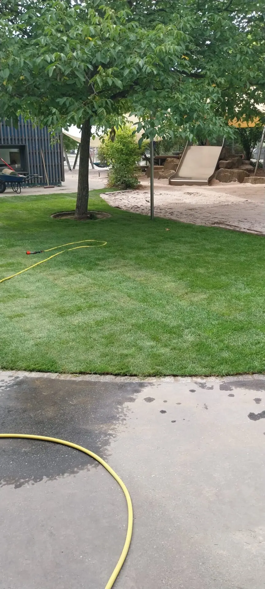 Neuanlage der Rasenfläche mit Rollrasen (Classic-Sport), Sandaustausch der Spielflächen in Kita Außenspielfläche